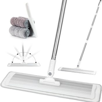 Commercial-Grade Microfiber Flat Mop Floor Cleaning System — 18-inch wide-coverage design; supports wet mopping; a dual-use dry/wet dust mop and hardwood floor cleaner; includes 4 washable mop pads; suitable for laminate and tile floors; features a stainless steel handle and extension pole.