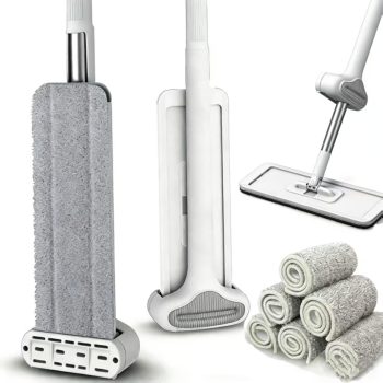 360-Degree Hands-Free Self-Wringing Floor Cleaning Mop, Microfiber Flat Mop (Includes 6 Washable Replacement Pads)—Hands-Free Design, Suitable for Hardwood Floors & Window Cleaning (White)