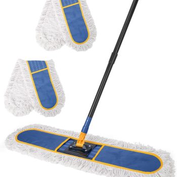 24-Inch Commercial Dust Mop – Heavy-Duty Floor Duster, Includes 2 Reusable Cotton Mop Pads, 59-Inch Long Handle; Wet & Dry Flat Mop Suitable for Hardwood, Marble, Laminate, Tile, Concrete, and Garage Floors (Blue)