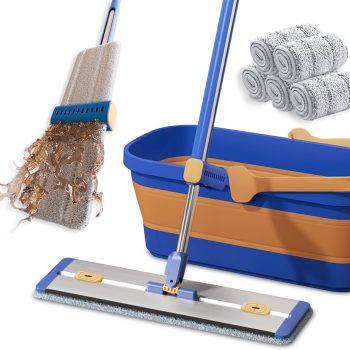 Self-Wringing Microfiber Flat Mop & Bucket Set—Features an Extra-Large 16.5-Inch Mop Head and 55-Inch Extended Handle; Suitable for Floor & Wall Cleaning; Includes 5 Microfiber Mop Pads and a Collapsible Bucket; Wet & Dry Use