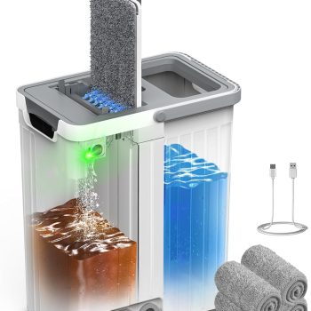 Mop and Bucket Set (with Auto-Pump) — Features a 3-Compartment Design to Completely Separate Clean and Dirty Water; Flat-Head Mop and Bucket System with Built-in Wringer and Wheels; Includes 4 Reusable Microfiber Mop Pads; Features a One-Touch Water Dispensing Function, Designed Specifically for Home Cleaning