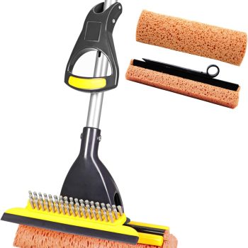 Sponge Mop: Suitable for both home and commercial use; ideal for cleaning tile floors, bathrooms, and garages; includes a total of 2 sponge heads (not 3); features a retractable handle adjustable from 42.5 to 52 inches and a built-in wringer for easy moisture removal.