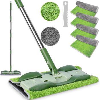 Microfiber Mop — Flat-style floor mop; dual-use dry/wet dust mop; includes 4 washable mop pads and a 52.4-inch stainless steel handle; dedicated for cleaning hardwood, laminate, and tile floors.