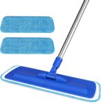 17.5-Inch Professional Professional-Grade Microfiber Floor Cleaning Mop — Flat-Head Design with Stainless Steel Handle and 2 Reusable, Washable Mop Pads; Suitable for Wet Mopping and Dusting Hardwood, Vinyl, Laminate, and Tile Floors (Blue)