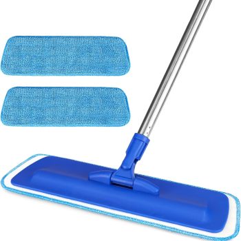 17.5-Inch Professional Professional-Grade Microfiber Floor Cleaning Mop — Flat-Head Design with Stainless Steel Handle and 2 Reusable, Washable Mop Pads; Suitable for Wet Mopping and Dusting Hardwood, Vinyl, Laminate, and Tile Floors (Blue)