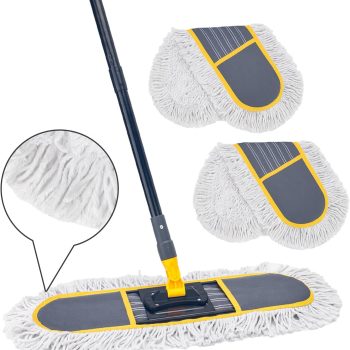 24-Inch Commercial Dust Mop — Heavy-duty floor dusting and sweeping tool; includes 2 replacement mop pads; a large-format dual-use dry/wet flat mop suitable for cleaning hardwood, marble, laminate, tile, concrete, and garage floors (Gray).