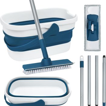 Collapsible Mop & Bucket Set — Includes a scrubbing mop and cleaning brush; a specialized cleaning tool kit for tile, laminate, and hardwood floors; features a collapsible bucket and a washable microfiber mop (Blue).