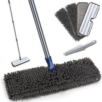 Floor Cleaning Mop — A flat mop and dust removal set including 4 reusable mop pads. Features a double-sided microfiber design for both dry and wet use. A flip-style flat mop suitable for hardwood, laminate, vinyl, kitchen floors, and tile (includes 1 bonus scraper).