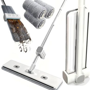 Hands-Free Microfiber Mop: Includes 4 washable replacement pads and a 61-inch stainless steel handle; a highly efficient flat mop suitable for all hard floor surfaces.