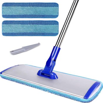 Professional-Grade 18-Inch Microfiber Mop — Flat-Head Design with Stainless Steel Handle and 2 Reusable, Washable Mop Pads; Suitable for Cleaning Hardwood and Laminate Floors (Blue)