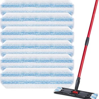 6-Pack Set Mop Replacement Cloths: Compatible with flat mop systems; made of 100% microfiber material; washable and reusable; Color: White.
