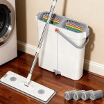 Mop & Bucket Set: Hands-free flat mop system with a built-in wringer; designed for both wet and dry use with separate washing and wringing compartments—ideal for home use; includes 4 reusable microfiber mop pads specifically for floor cleaning, capable of easily reaching into narrow spaces.