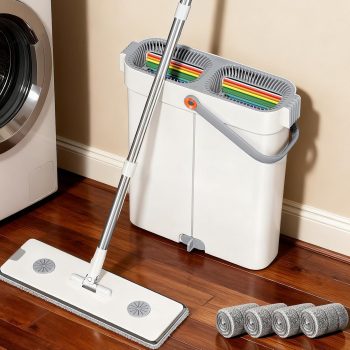 Mop & Bucket Set: Hands-free flat mop system with a built-in wringer; designed for both wet and dry use with separate washing and wringing compartments—ideal for home use; includes 4 reusable microfiber mop pads specifically for floor cleaning, capable of easily reaching into narrow spaces.