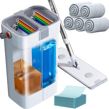 Mop & Bucket Set — Flat Mop and Bucket Cleaning System with Wringing Mechanism; Wall-Cleaning Mop with Adjustable Handle (Extends up to 61 inches); Includes 5 Washable Microfiber Mop Pads