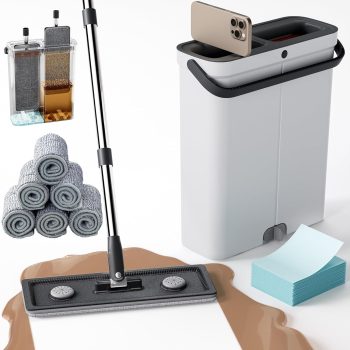 Compact Floor Mop & Bucket Set — A hands-free flat mop and wringing bucket combo. A versatile dry/wet mop ideal for apartments, small homes, RVs, windows, walls, and all floor types (includes 6 microfiber cloths).