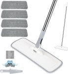 Microfiber Floor Cleaning Mop: 55-Inch Telescopic Flat Mop—Includes 4 Reusable Mop Pads, 1 Hanging Hook, 1 Wall Mount, and 1 Scraper—Suitable for Dry and Wet Cleaning, as well as Dusting, in Bathrooms, Kitchens, and on Floors and Tiles
