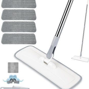Microfiber Floor Cleaning Mop: 55-Inch Telescopic Flat Mop—Includes 4 Reusable Mop Pads, 1 Hanging Hook, 1 Wall Mount, and 1 Scraper—Suitable for Dry and Wet Cleaning, as well as Dusting, in Bathrooms, Kitchens, and on Floors and Tiles