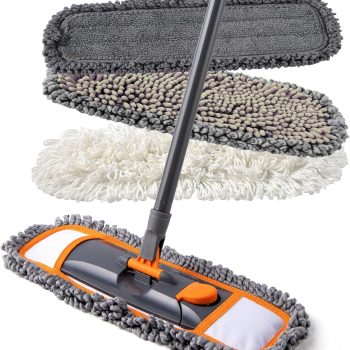 Floor Cleaning Mop Set — Includes 3 Washable Replacement Mop Pads and a 55-Inch Extendable Handle; Multi-Functional Dusting Mop Suitable for Hardwood, Marble, and Tile Floors (Orange)
