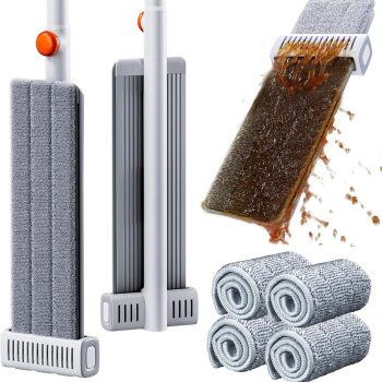 Self-Wringing Microfiber Mop — Hands-Free Flat Mop (with Squeegee Wringer); Aluminum Alloy Frame; Wet & Dry Use; Ideal for Apartments, Small Homes, Windows, and Walls; Suitable for Hardwood, Laminate, Tile, and Vinyl Floors; Includes 4 Reusable Mop Pads